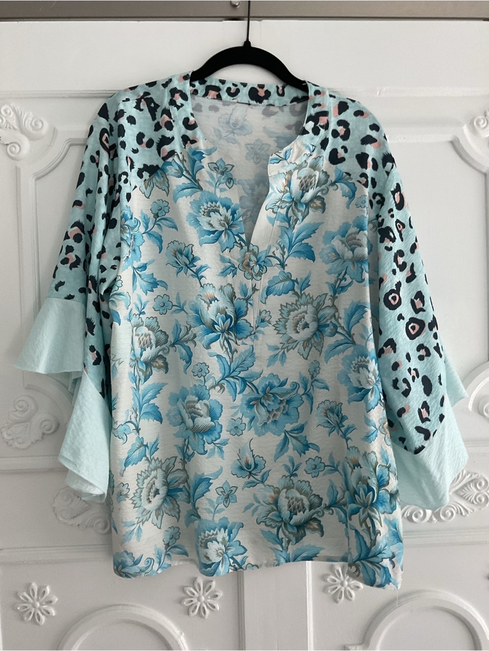 Floral V-Neck Women's Top in Aqua Blue Black & Gold